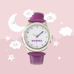 Custom Kids Name Steel Purple Leather Girls Watch<br><div class="desc">Make every moment special with our Custom Kids Name Watch! This personalized timepiece is perfect for children of all ages, featuring their name printed boldly on the face of the watch. Available in vibrant colors and fun designs, this watch makes learning to tell time both stylish and exciting. Crafted with...</div>