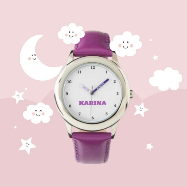 Custom Kids Name Steel Purple Leather Girls Watch (Creator Uploaded)