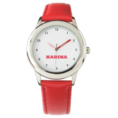 Custom Kids Name Steel Red Leather Girls Watch