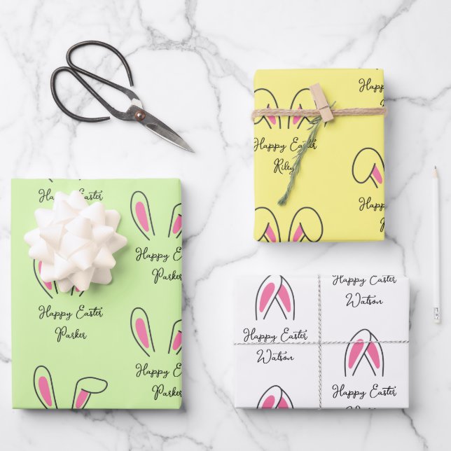 Custom Kid's Names Easter Bunny Ears Wrapping Paper Sheets (Front)