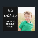 Custom Kids Photo Birthday Party Black Minimalist Invitation Postcard<br><div class="desc">Order these personalized kids birthday invitations with customizable fields on the back of the postcard for your child's party location,  date,  and time. Insert your own child's photograph next to the black color block. Add their party information on the back of this custom card.</div>