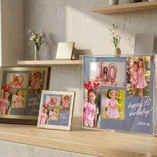 Custom Kids Pink 10th Birthday Photo Collage Wooden Box Sign