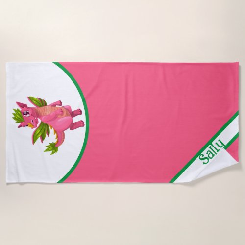 Custom Kids Pink Cartoon Dragon  Beach Towel