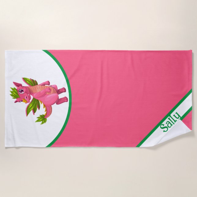 Custom Kids Pink Cartoon Dragon  Beach Towel (Front)