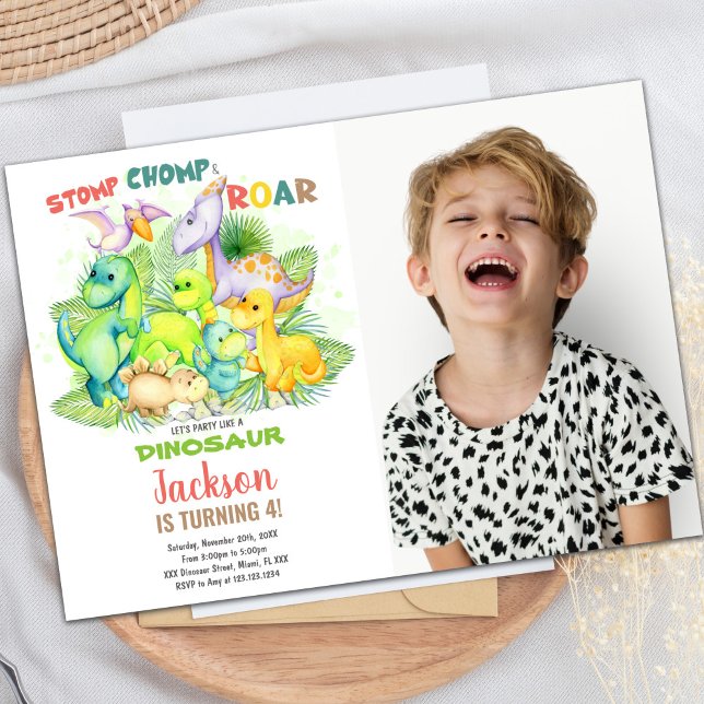Custom Kids Prehistoric Party Invite (Green Dinosaur Birthday Invitations with photo)