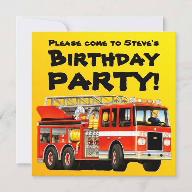 Custom Kid's Red Fire Truck Birthday Party Invitation (Front)
