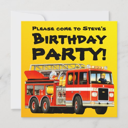 Custom Kids Red Fire Truck Birthday Party Invitation