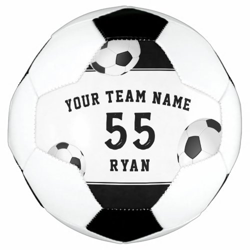 Custom Kids Soccer Ball with Team, Name, Number - Custom Soccer Ball with Player Team, Name and Number for a Soccer - Football Player. The design is in black and white colors with three soccer balls in the corners. Personalize the soccer ball with the team name, team number and player`s name. The text is black on a white background. Great for a soccer player, soccer lover, as a gift or a keepsake ball.