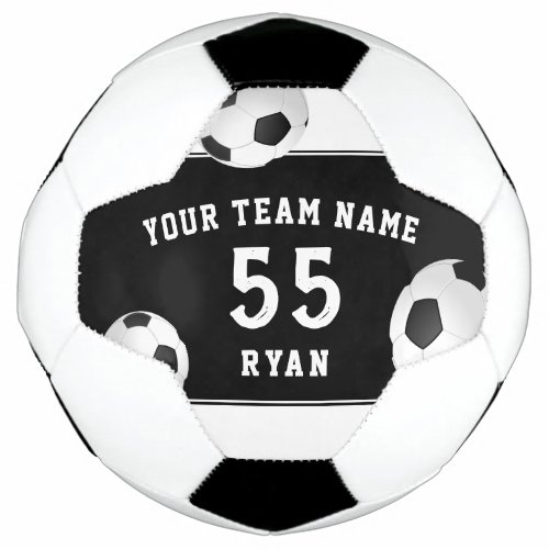 Custom Kids Soccer Ball with Team Name Number - Custom Soccer Ball with Team Name Number for a Soccer - Football Player. The design is in black and white colors with three soccer balls in the corners. Personalize the soccer ball with the team name, team number and player`s name. The text is in trendy white color on a black background. Great for a soccer player, soccer lover, as a gift or a keepsake ball.