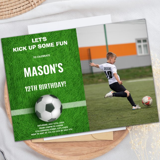 Custom Kids Sports Party Invite (Green Soccer Birthday Invitations with photo)