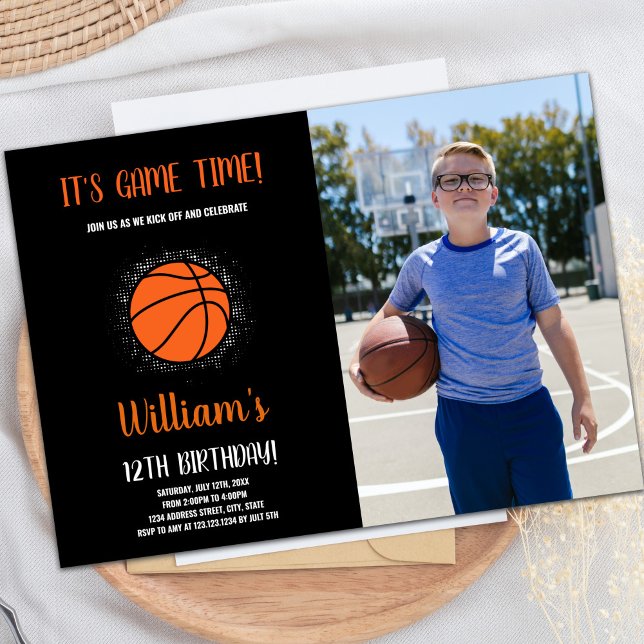 Custom Kids Sports Party Invite (Orange Basketball Birthday Invitations with photo)
