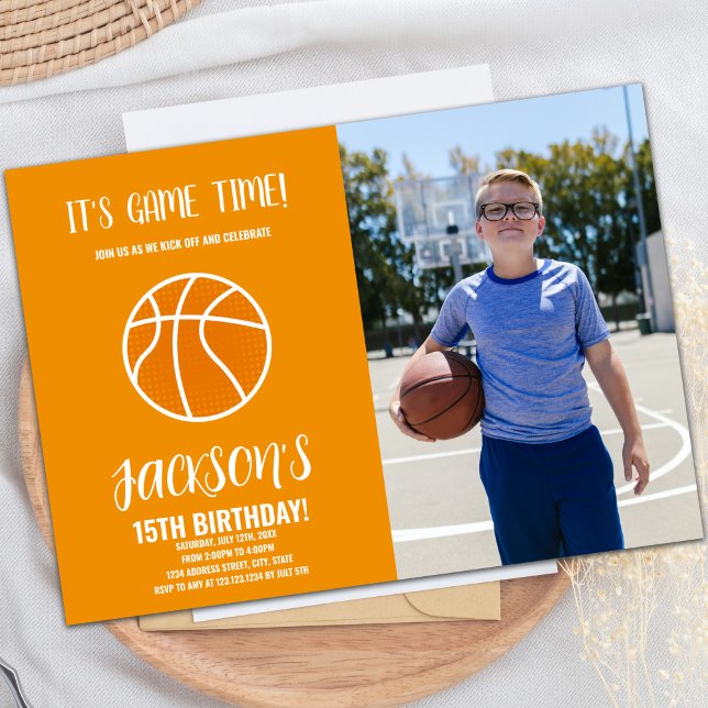 Custom Kids Sports Party Invite (Orange Basketball Birthday Invitations w photo)