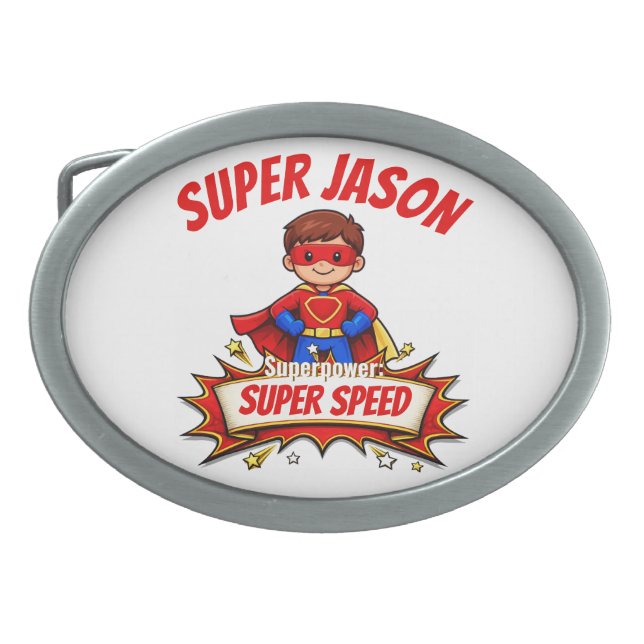 Custom Kids Superhero Name & Superpower Belt Buckle (Front)