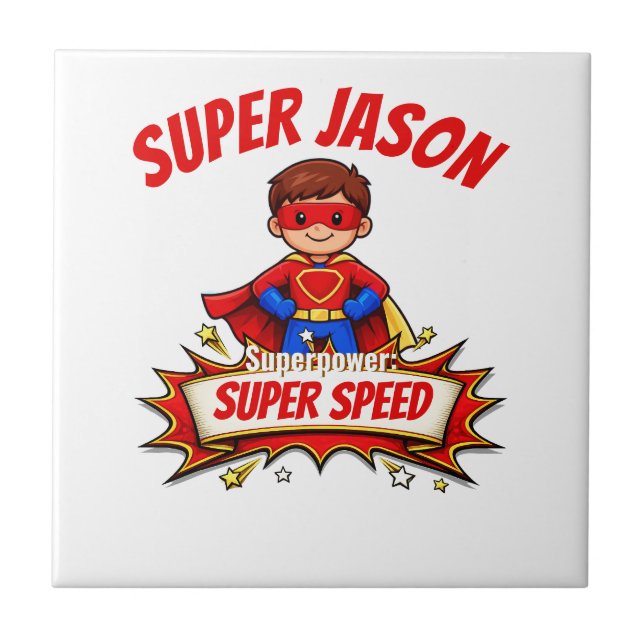 Custom Kids Superhero Name & Superpower Ceramic Tile (Front)