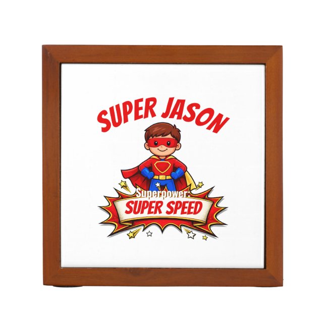 Custom Kids Superhero Name & Superpower Desk Organizer (Front)