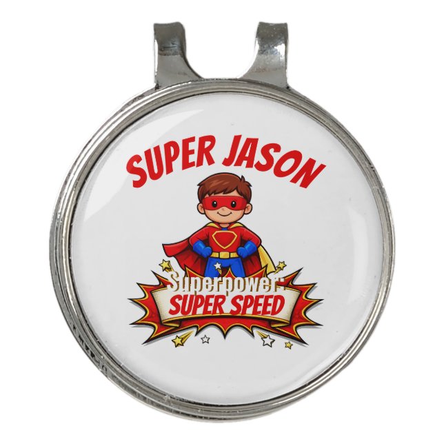 Custom Kids Superhero Name & Superpower Golf Hat Clip (Front)
