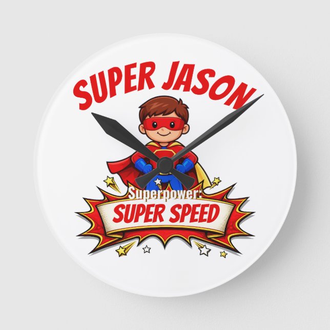 Custom Kids Superhero Name & Superpower Round Clock (Front)