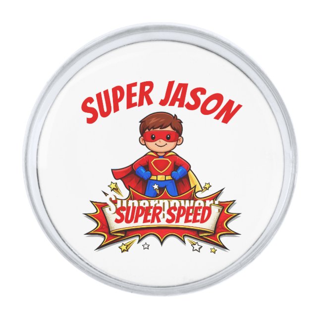 Custom Kids Superhero Name & Superpower Silver Finish Lapel Pin (Front)