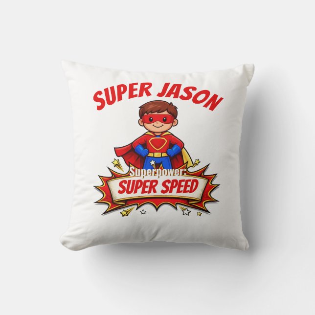 Custom Kids Superhero Name & Superpower Throw Pillow (Front)
