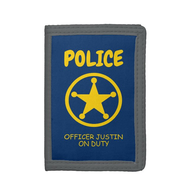 Custom kid's wallet with yellow police badge logo (Front Vertical)