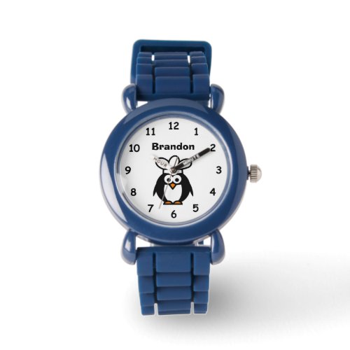 Custom kids watch with cute penguin chef cartoon