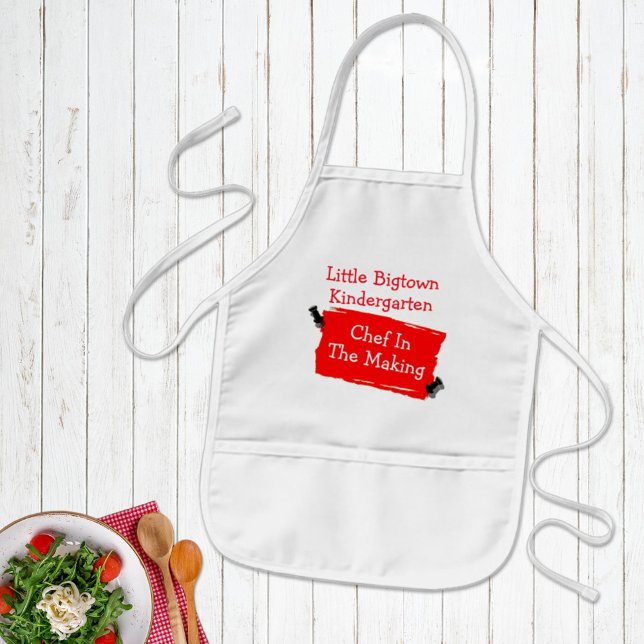 Custom Kindergarten Chef Red Scrap Paper Pins Art Kids' Apron (Fun for the kids and clean clothes too. This apron design is easy to personalize for a gift.)