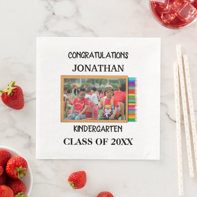 Custom kindergarten graduate chalkboard photo paper dinner napkins (Insitu)