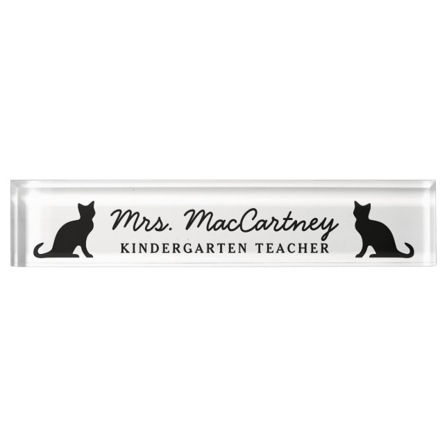 Custom kindergarten school teacher black cat icon desk name plate (Front)