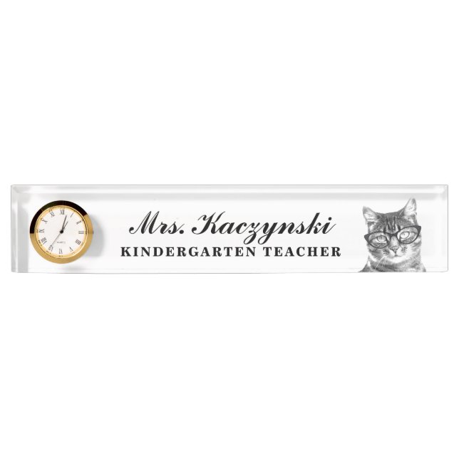 Custom kindergarten school teacher cute cat clock desk name plate (Front)