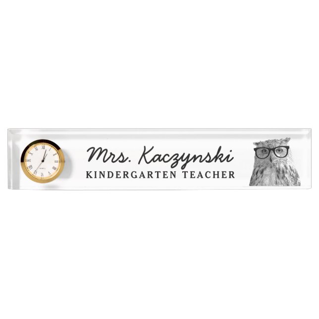 Custom kindergarten school teacher cute owl clock desk name plate (Front)