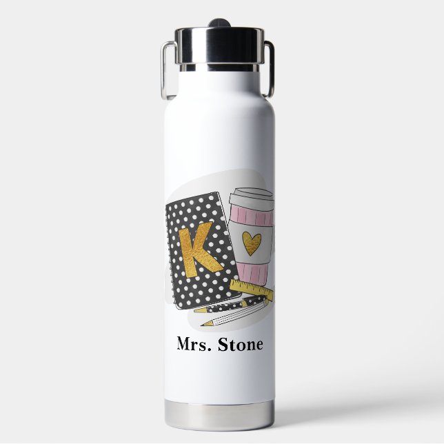 Custom Kindergarten Teacher Black Notebook Coffee Water Bottle (Front)