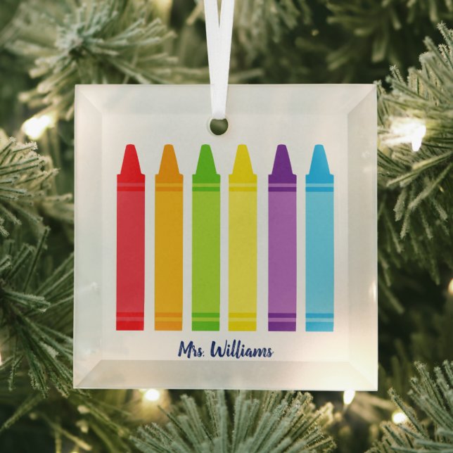 Custom Kindergarten Teacher Cute Crayon Christmas Glass Ornament (Insitu)