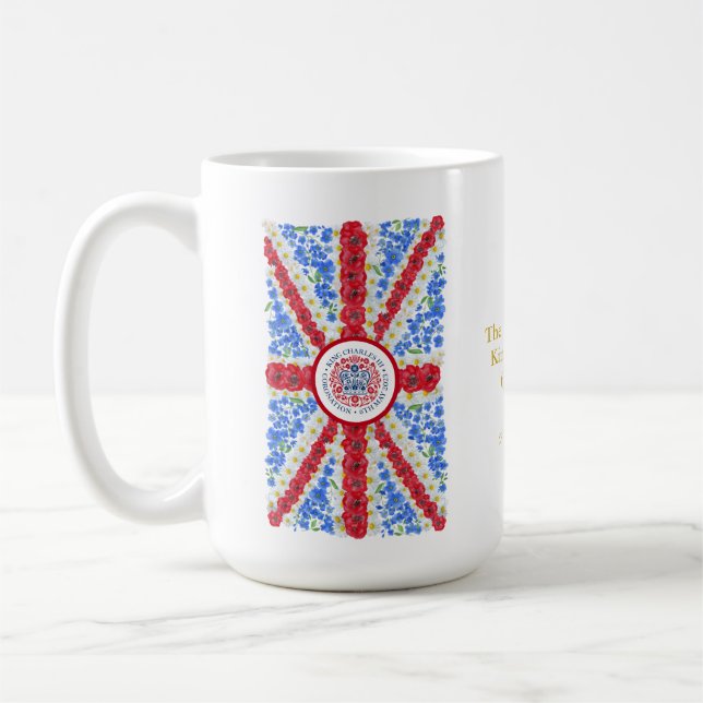 Custom King Charles III Coronation Floral UK Flag  Coffee Mug (Left)