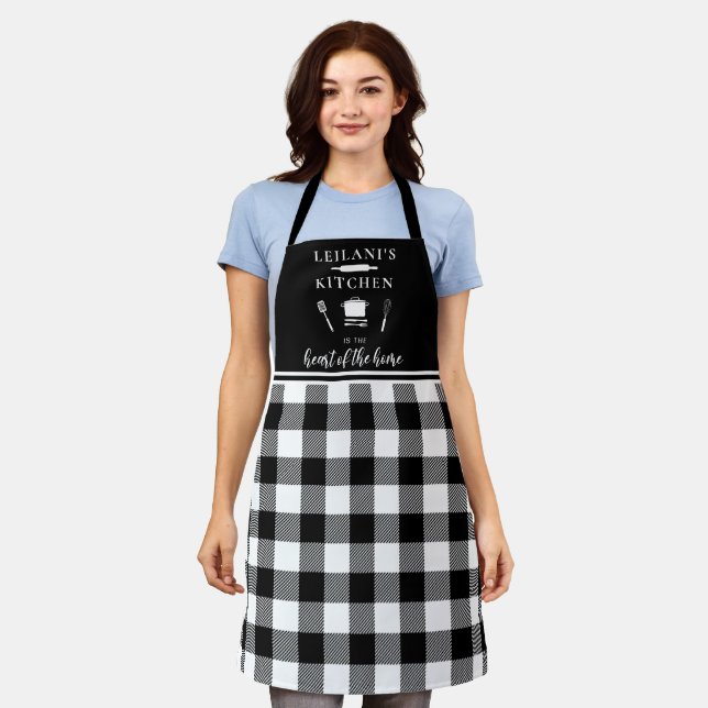 Custom Kitchen Heart Home Buffalo Plaid Black Apron (Worn)