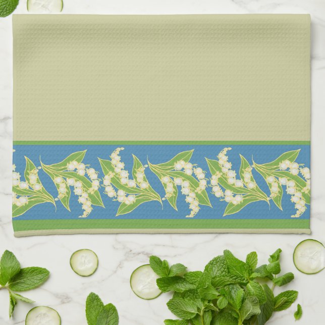 Custom Kitchen Towel: Lilies of the Valley, Blue Towel (Folded)