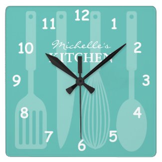 Custom kitchen wall clock with cooking utensils