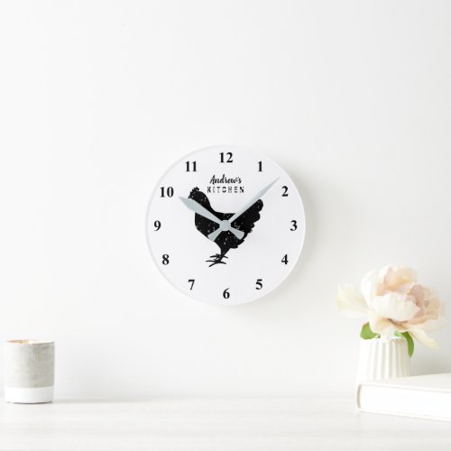 Custom kitchen wall clock with rustic chicken logo