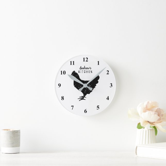 Custom kitchen wall clock with rustic chicken logo (Home)