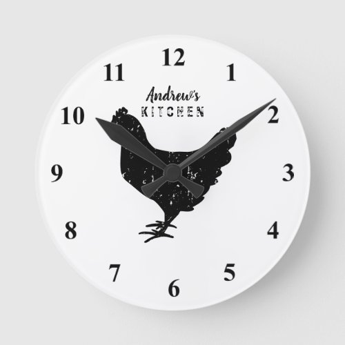 Custom kitchen wall clock with rustic chicken logo