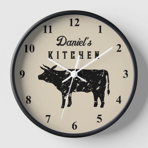 Custom kitchen wall clock with vintage cow logo