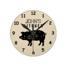 Custom kitchen wall clock with vintage pig logo
