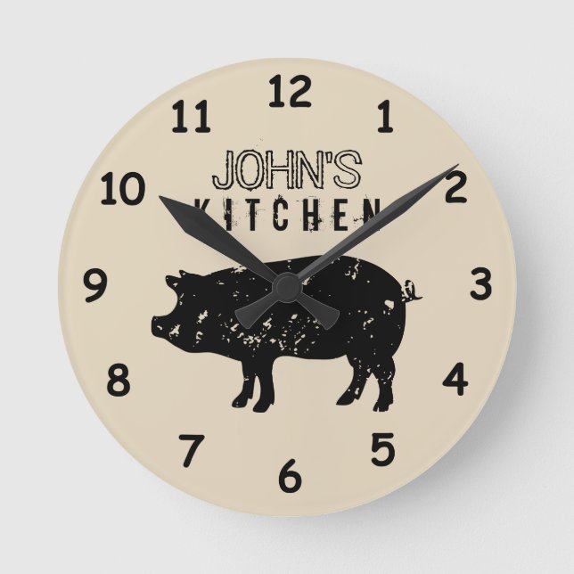 Custom kitchen wall clock with vintage pig logo (Front)