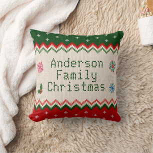 Custom Knitted Sweater Design Family Christmas Throw Pillow