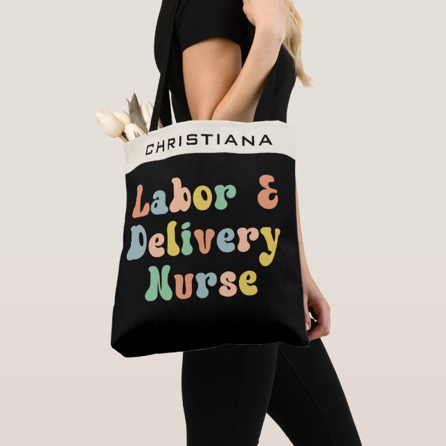 Custom Labor and Delivery Nurse Groovy Retro Tote Bag (Close Up)