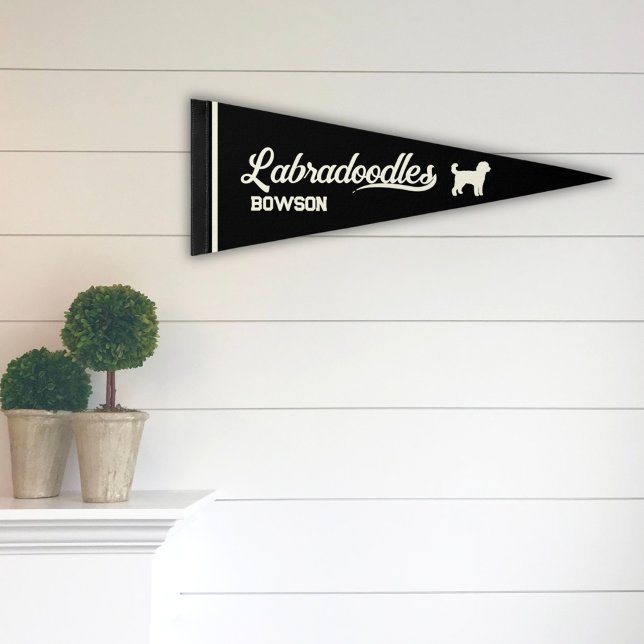 Custom Labradoodle Retro Script Black Pennant Flag (Vintage Sporty Personalized Labradoodle Pennant Black and Ivory)