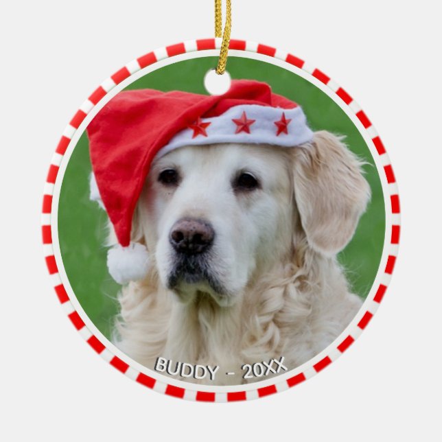 Custom Labrador Dog Photo with Red & White Frame Ceramic Ornament (Front)