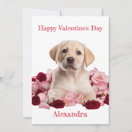 Custom Labrador Puppy with Pink Rose Valentine Holiday Card