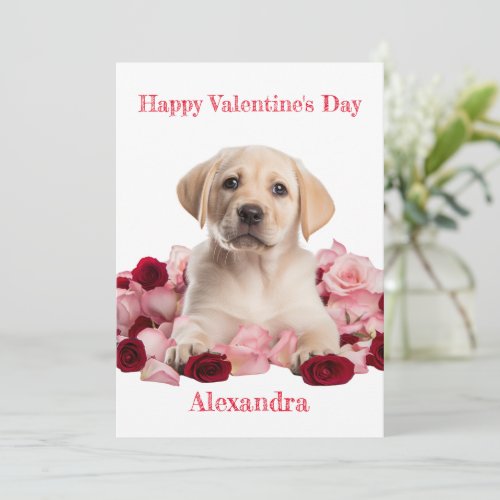 Custom Labrador Puppy with Pink Rose Valentine Holiday Card