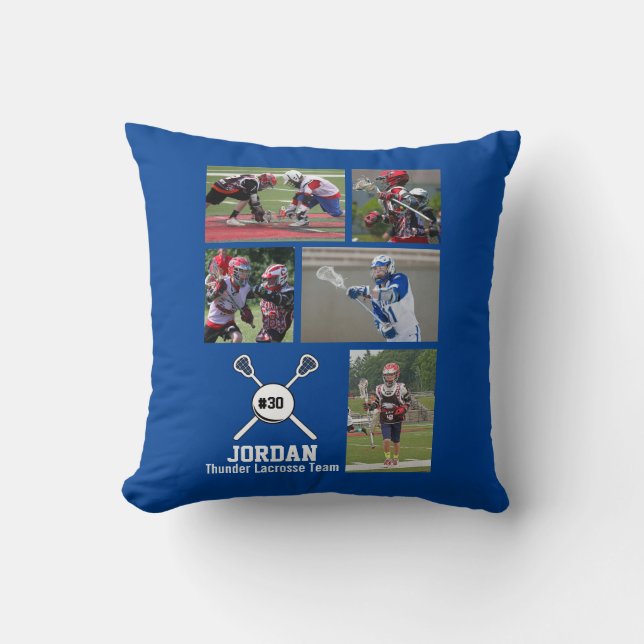 Custom Lacrosse Photo Collage Name Team Number Throw Pillow (Front)