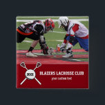 Custom Lacrosse Photo Collage Team Player Name Pinback Button<br><div class="desc">Show your team pride with this custom lacrosse sticks and ball photo design featuring your uploaded photos and custom text. Add your player's name or team name, year or jersey number. Makes a great end of season gift or coach's gift. Change the background color to match your team color -...</div>